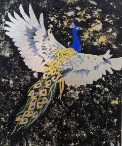 تفاصيل اللوحة: • الاسم: ترنمية الليل . • التقنية: أكريليك، ورق الذهب والفضة (Gold & Silver Leaf). • المقاس: 80 سم (ارتفاع) x 50 سم (عرض).