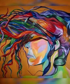 لوحة منفذة بألوان الاكرليك الصارخة وتدرجات اللون لامرأة حالمة