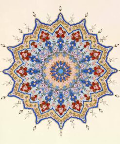 لوحة زخرفية فنية مستوحات من الازهار المتفتحة و الشمس الساطعة باشعتها و رموزها و جماليات الزخرفة الاسلامية