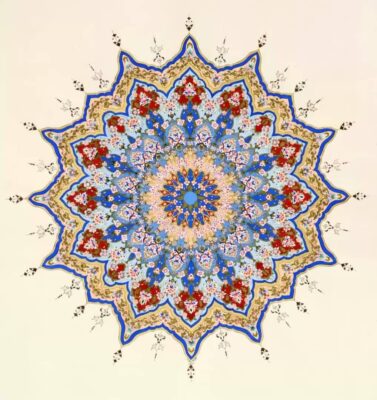 لوحة زخرفية فنية مستوحات من الازهار المتفتحة و الشمس الساطعة باشعتها و رموزها و جماليات الزخرفة الاسلامية 