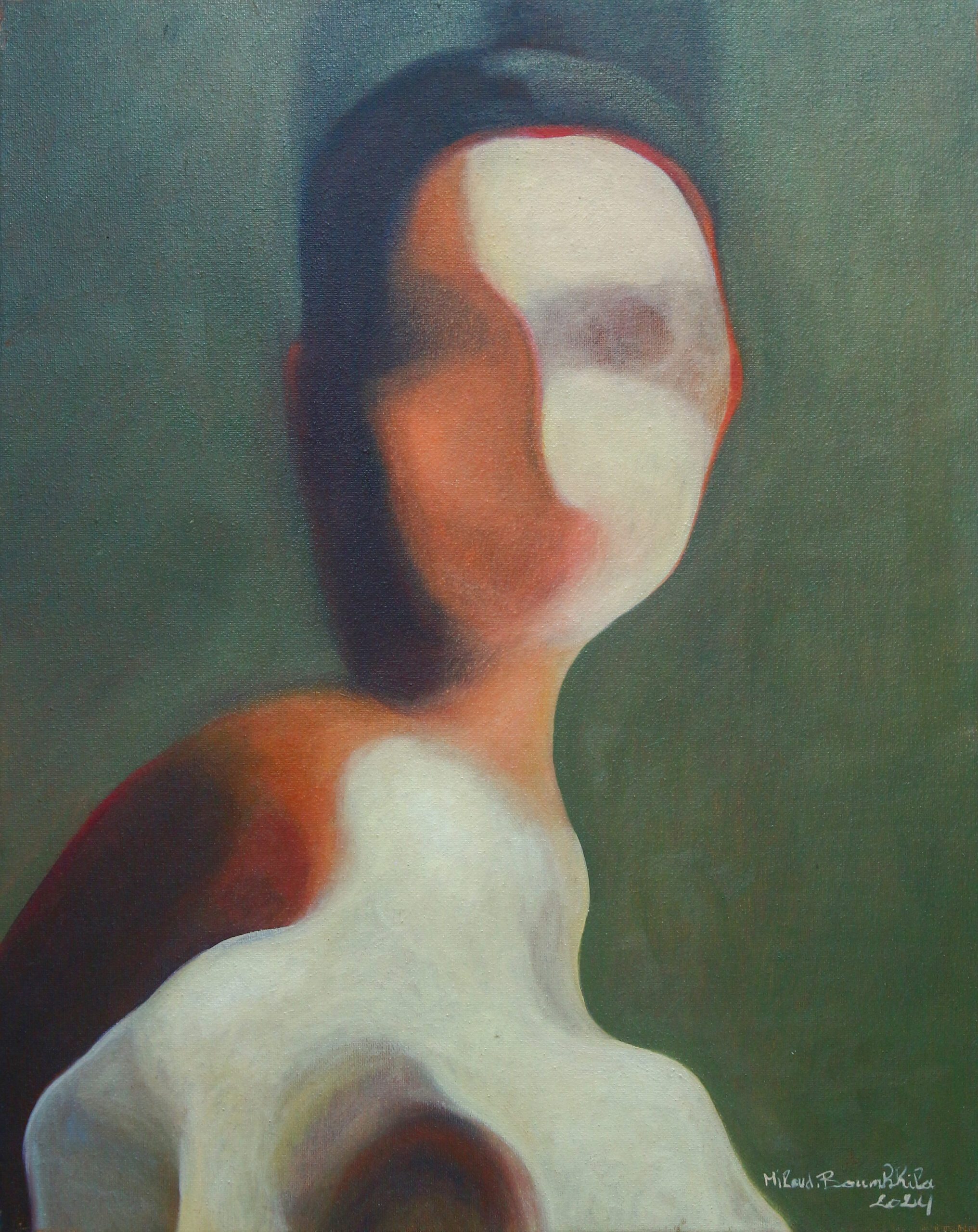 I am not a face. I am what remains when the features disappear. In this fragmented body, light and shadow no longer oppose each other: they coexist, they mingle, they dispute existence. This white that invades is neither purity nor absence, but an erased memory, an identity hesitating between appearing and dissolving. I wanted to remove the markers, tear out the eyes, blur the mouth, so that whoever looks no longer sees a person… but feels a presence. A tension. A fragility. This painting is a passage. Between what we show and what we hide. Between flesh and silence. Between being and vanishing. If you seek a face, you will find only yourself.