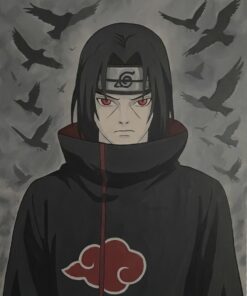 لوحة فنية تجسد شخصية itachi uchiha من انمي Naruto اضفت الى هذه الشخصية خلفية رمادية مع حركة الطيور لكي تضيف عمق للوحة