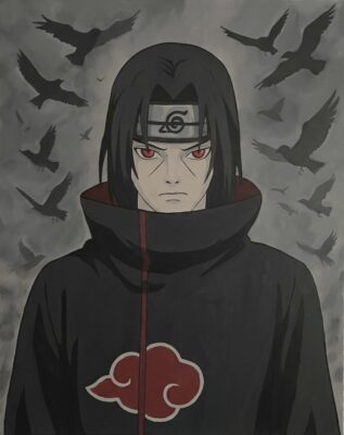 لوحة فنية تجسد شخصية itachi uchiha من انمي Naruto اضفت الى هذه الشخصية خلفية رمادية مع حركة الطيور لكي تضيف عمق للوحة