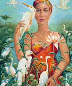 فتاة ترتدي فستان برتقالي تعبر النهر وحولها العديد من طيور أبو قردان والنباتات