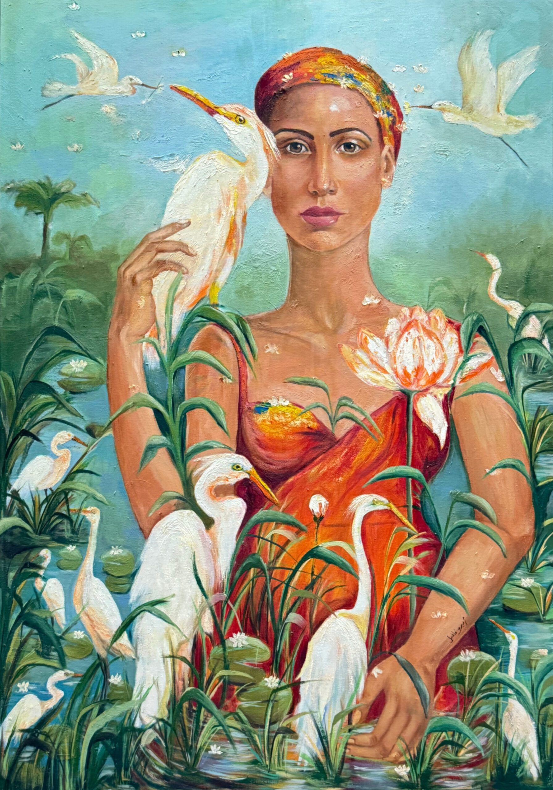 فتاة ترتدي فستان برتقالي تعبر النهر وحولها العديد من طيور أبو قردان والنباتات