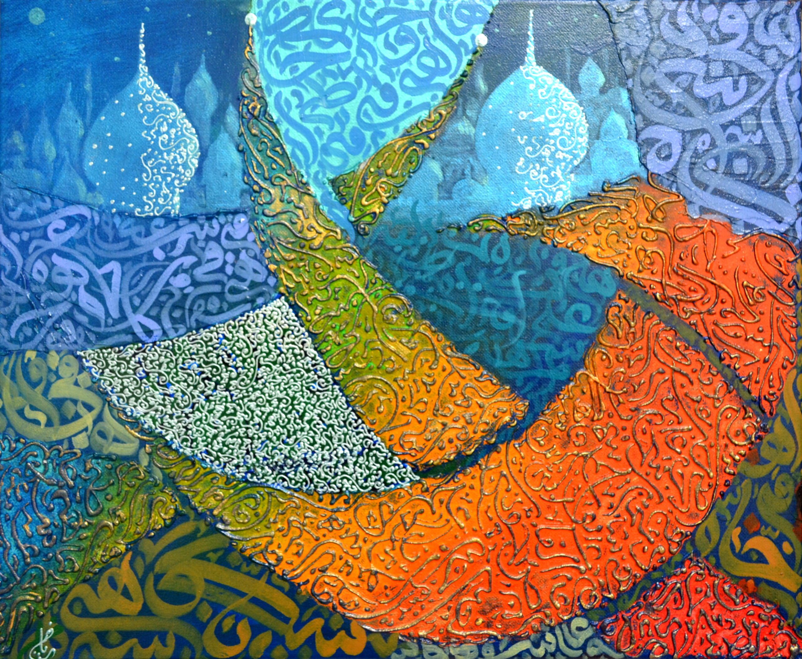 Immerse yourself in "A Thousand and One Nights," a captivating abstract artwork that intertwines vibrant colors and intricate calligraphy. The textured layers create a dynamic interplay of shapes and hues, evoking a sense of depth and movement. Rich oranges and deep blues harmonize, while delicate patterns weave through the composition, inviting exploration. This piece not only showcases artistic skill but also embodies a narrative that resonates with the viewer. Perfect for adding a touch of cultural elegance to your space, it serves as a striking focal point that sparks conversation and inspiration.