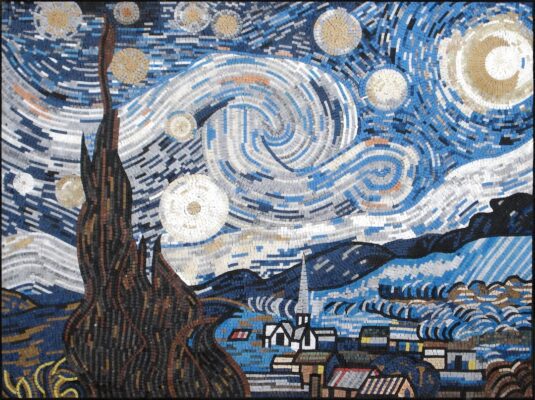 لوحة فنية منظر طبيعي لوحة The starry night للفنان فينست ڤان جوخ مرسومة بالاحجار يدوي متوفر جميع الاحجام حسب الطلب للطلب واتس آب 96181601893+