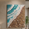 Emerald Tide A handcrafted coastal-inspired texture artwork that captures the beauty of waves meeting the shore. Size: 80 × 60 cm Materials: Acrylic paints, natural sand, artificial sand, natural shells ,professional texture paste, and canvas. Every detail is carefully handcrafted to create depth, movement, and the calming essence of the sea.