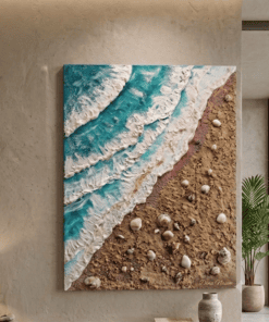 Emerald Tide A handcrafted coastal-inspired texture artwork that captures the beauty of waves meeting the shore. Size: 80 × 60 cm Materials: Acrylic paints, natural sand, artificial sand, natural shells ,professional texture paste, and canvas. Every detail is carefully handcrafted to create depth, movement, and the calming essence of the sea.