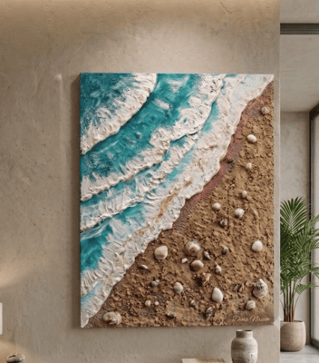 Emerald Tide A handcrafted coastal-inspired texture artwork that captures the beauty of waves meeting the shore. Size: 80 × 60 cm Materials: Acrylic paints, natural sand, artificial sand, natural shells ,professional texture paste, and canvas. Every detail is carefully handcrafted to create depth, movement, and the calming essence of the sea.