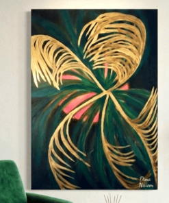 Tropical Radiance Golden tropical le6aves dance across rich emerald hues, creating a radiant fusion of nature, elegance, and modern luxury.