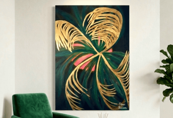 Tropical Radiance Golden tropical le6aves dance across rich emerald hues, creating a radiant fusion of nature, elegance, and modern luxury.
