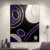 Silver Orbit A modern abstract painting featuring bold silver curves and deep violet forms flowing across a dramatic black background. Inspired by celestial motion, the artwork evokes the elegance and mystery of objects orbiting through space.