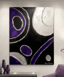 Silver Orbit A modern abstract painting featuring bold silver curves and deep violet forms flowing across a dramatic black background. Inspired by celestial motion, the artwork evokes the elegance and mystery of objects orbiting through space.