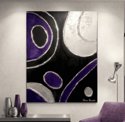 Silver Orbit A modern abstract painting featuring bold silver curves and deep violet forms flowing across a dramatic black background. Inspired by celestial motion, the artwork evokes the elegance and mystery of objects orbiting through space.