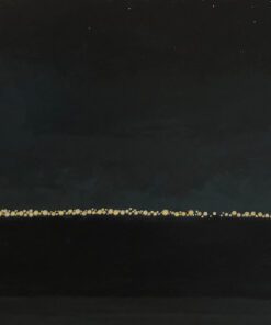 The soft, deep navy palette creates a quiet and contemplative atmosphere, while the warm lights stand out against the surrounding darkness. The contrast between light and dark reflects the central idea of the painting: we can see the lights, but we cannot see the stories behind them. Each light suggests a different life or an unseen everyday moment. The horizontal rhythm of the lights draws the eye gently across the composition, creating a sense of stillness and inviting the viewer to pause and imagine what might exist beyond what can be seen.