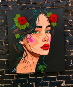 رسم هاند ميد اكريلك علي قماش مقاس 80*90 مع بعض الورد الاحمر البارز