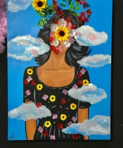 رسم هاند ميد اكريلك علي قماش مقاس 80*90 مع بعض الزهور البارزة