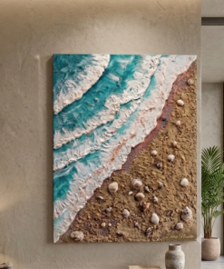 Emerald Tide A handcrafted coastal-inspired texture artwork that captures the beauty of waves meeting the shore. Size: 80 × 60 cm Materials: Acrylic paints, natural sand, artificial sand, natural shells ,professional texture paste, and canvas. Every detail is carefully handcrafted to create depth, movement, and the calming essence of the sea.