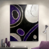 Silver Orbit A modern abstract painting featuring bold silver curves and deep violet forms flowing across a dramatic black background. Inspired by celestial motion, the artwork evokes the elegance and mystery of objects orbiting through space.