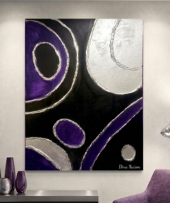 Silver Orbit A modern abstract painting featuring bold silver curves and deep violet forms flowing across a dramatic black background. Inspired by celestial motion, the artwork evokes the elegance and mystery of objects orbiting through space.
