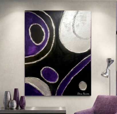 Silver Orbit A modern abstract painting featuring bold silver curves and deep violet forms flowing across a dramatic black background. Inspired by celestial motion, the artwork evokes the elegance and mystery of objects orbiting through space.